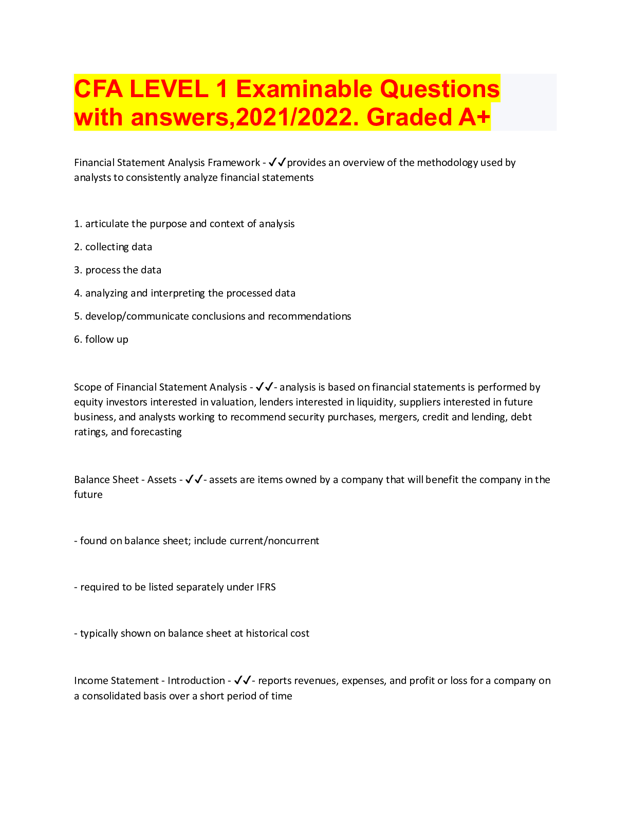 CFA LEVEL 1 Examinable Questions with answers,2021/2022. Graded A+